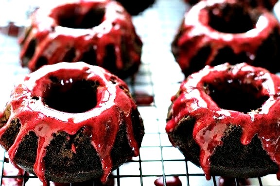 Mini Chocolate Bundt Cakes with Red Berry Glaze