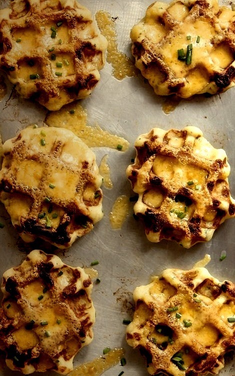 Mashed potato, cheddar and chive waffles sound savory and delicious.